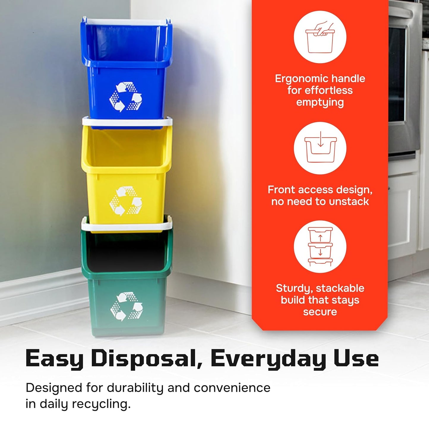Multi Recycling Bin System with Three Stacking 6 Gallon Bins with Carrying Handles, Stackable and Compact for Offices, Homes, Garages, Businesses - (Green, 3 Pack)