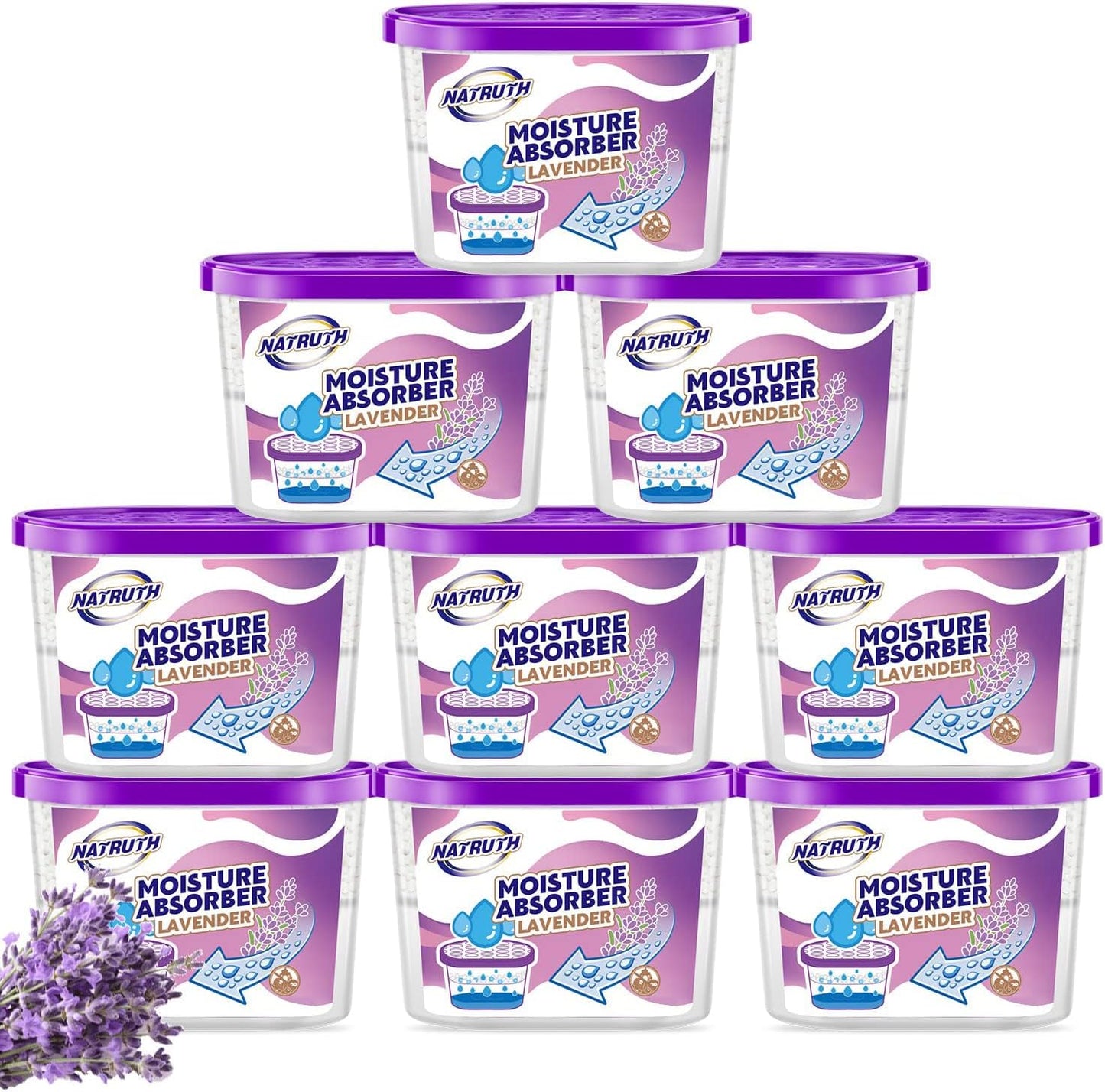 NATRUTH Moisture Absorbers with Lavender Scent,9-Pack Portable Closet Dehumidifier, Odor Eliminator Absorber Bucket, Unscented Humidity Absorber,Cleaner Air Dehumidifier for Closet,Bathrooms