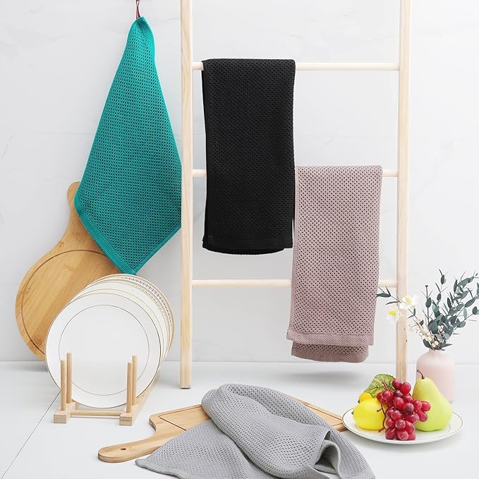 Homaxy 100% Cotton Waffle Weave Kitchen Towels, 3-Pack Ultra Soft Absorbent Dish Towels, Quick Drying Cleaning Towels, 13 x 28 Inches, Black