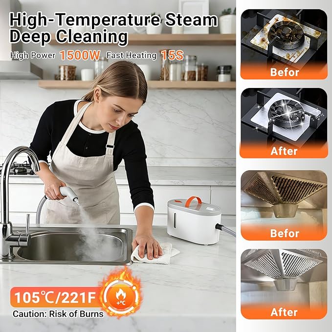Steam Cleaner for Home - Portable Handheld Steamer for Cleaning With 15s Heat-UP, 0.78 Quarts Tank,9 Accessories - Clean Grease,Automotive wheels and interior trim,Grout, Tile, Floor, Couch, Carpets