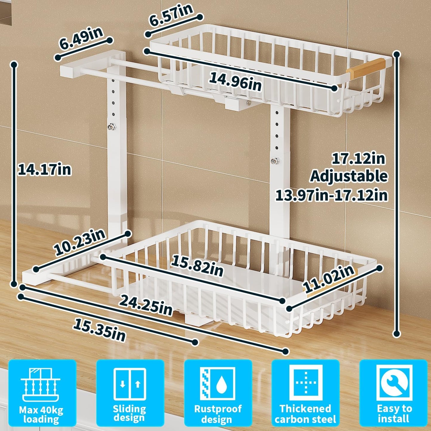 Under Sink Organizer, 2 Tier Slide Out Under Sink Organizers and Storage, Height Adjustable Pull out under cabinet storage, Metal Bathroom Kitchen Sink Organizer，2 Pack