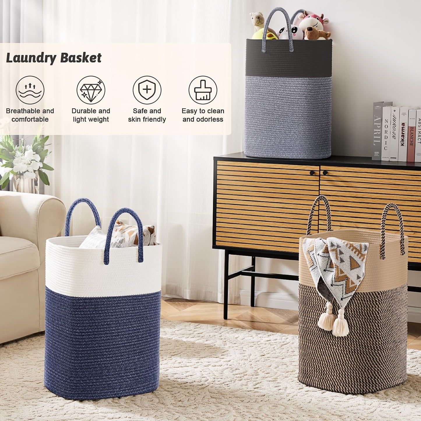 Laundry Basket,Woven Cotton Rope Laundry Hamper,Versatile Storage for Dirty Clothes,Baby Toys,and Blankets in Bathroom, Nursery,and Living Room (Blue, 60L)