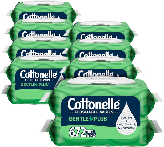 Cottonelle GentlePlus Flushable Wet Wipes with Aloe & Vitamin E, 16 Flip-Top Packs, 42 Wipes Per Pack (672 Total Wipes), Packaging May Vary