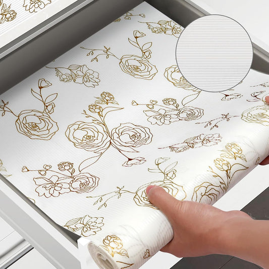 Shelf Cabinet Liner for Kitchen- Non Adhesive Drawer Liner Refrigerator Liner, Premium Waterproof Shelf Paper Protect Surface, Non Slip Easy to Clean Durable EVA Material, Gold Roses, 11.8 in x 10FT