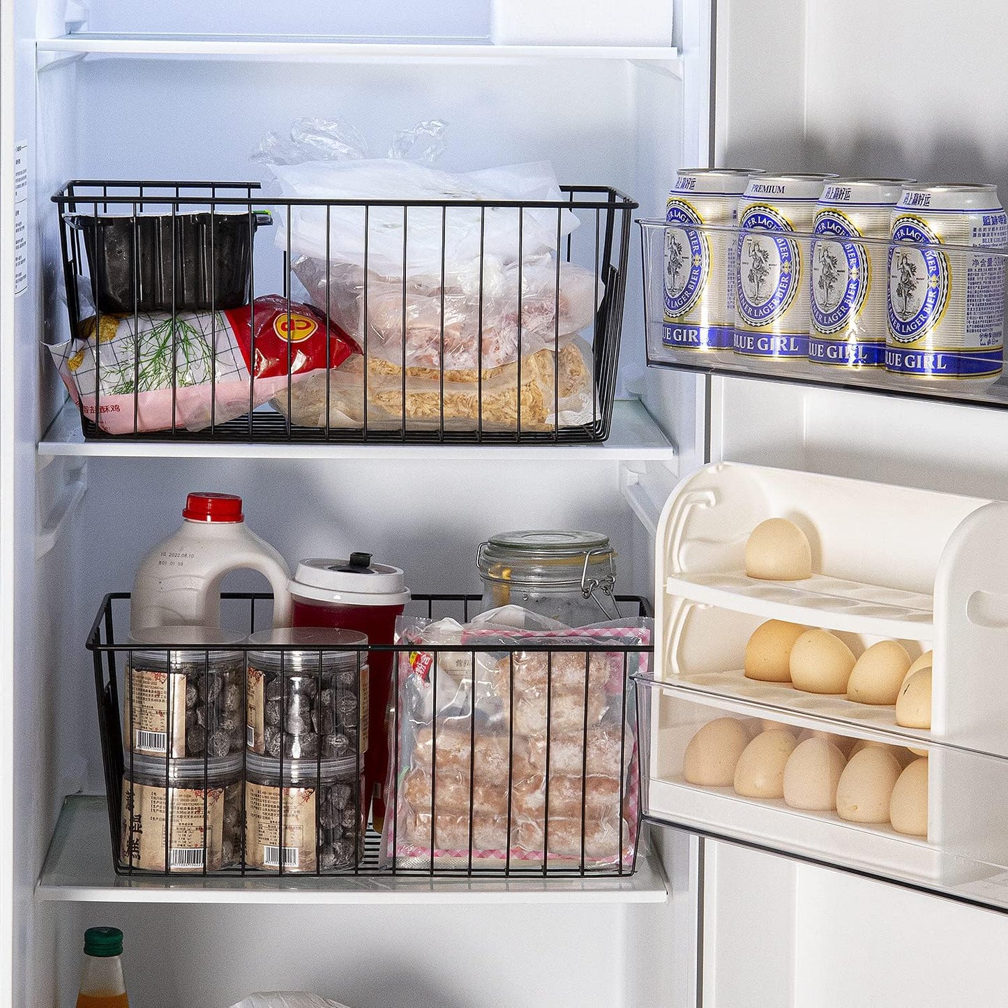 16" L x 12" W Wider Freezer Storage Organizer Baskets Container, Deep Metal Wire Chest Upright Refrigerator Divider Bins with Built-in Handles for Cabinet, Pantry, Closet, Kitchen, Black