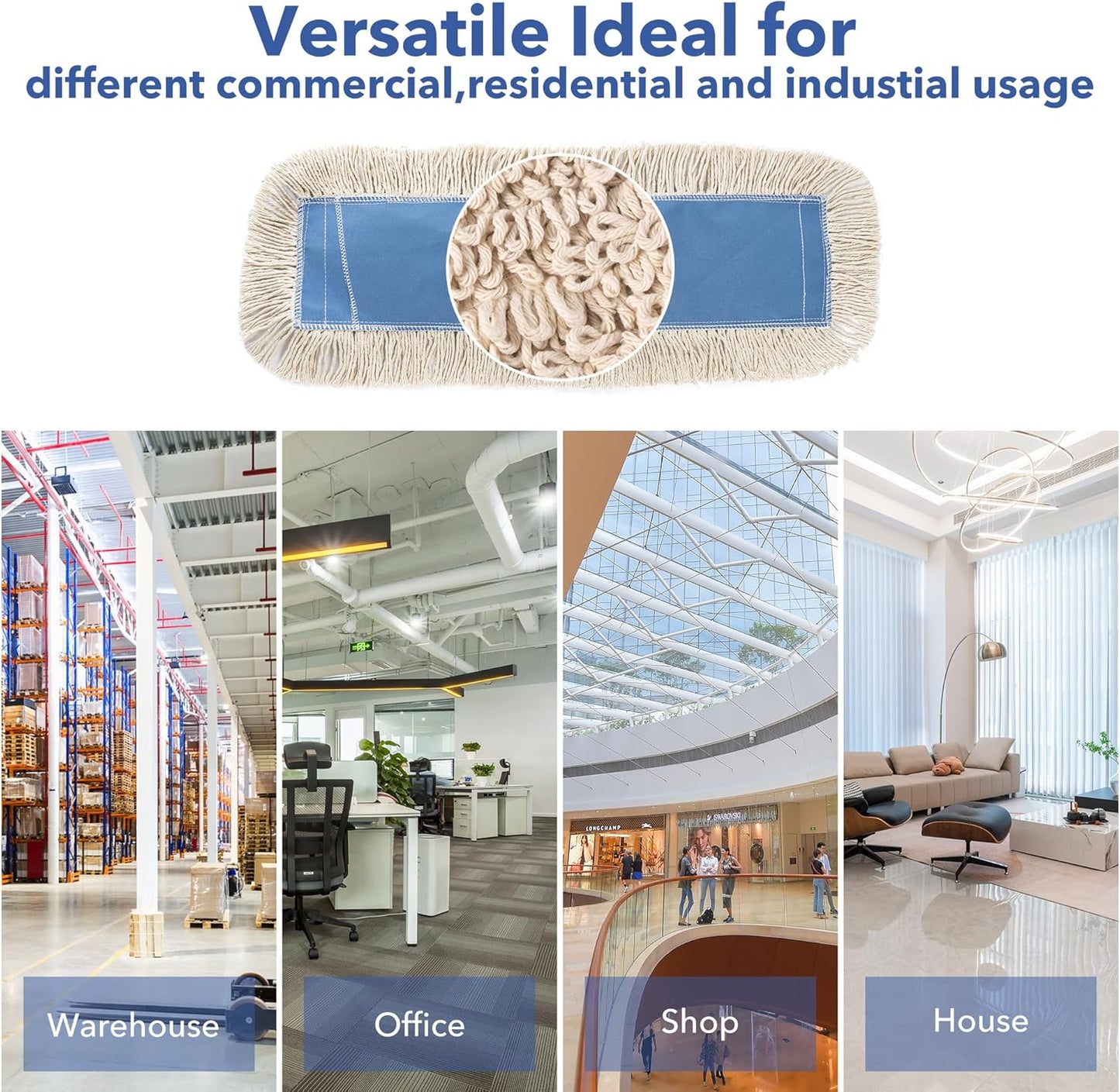 Matthew Cleaning 36'' Industrial Strength Cotton Dust Mop Refill Washable Replacement Heads for Residential & Commercial Use Fit Standard Dust Mop Frames, Hardwood, Concrete Floors Blue&White 3 Pack