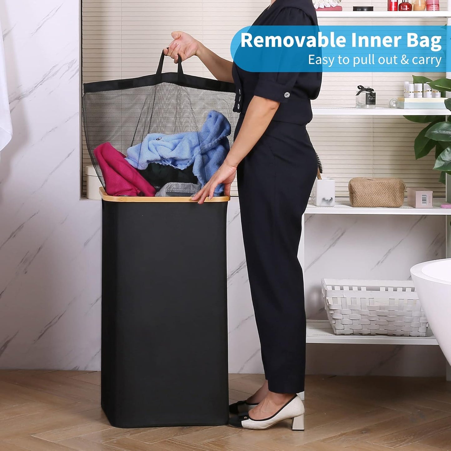 100L Laundry Basket with Lid and Net Bag, Tall Laundry Hamper with Bamboo Handles, Aesthetic Dirty Clothes Bin for Laundry Room, Bathroom, Bedroom and Dorm, Black
