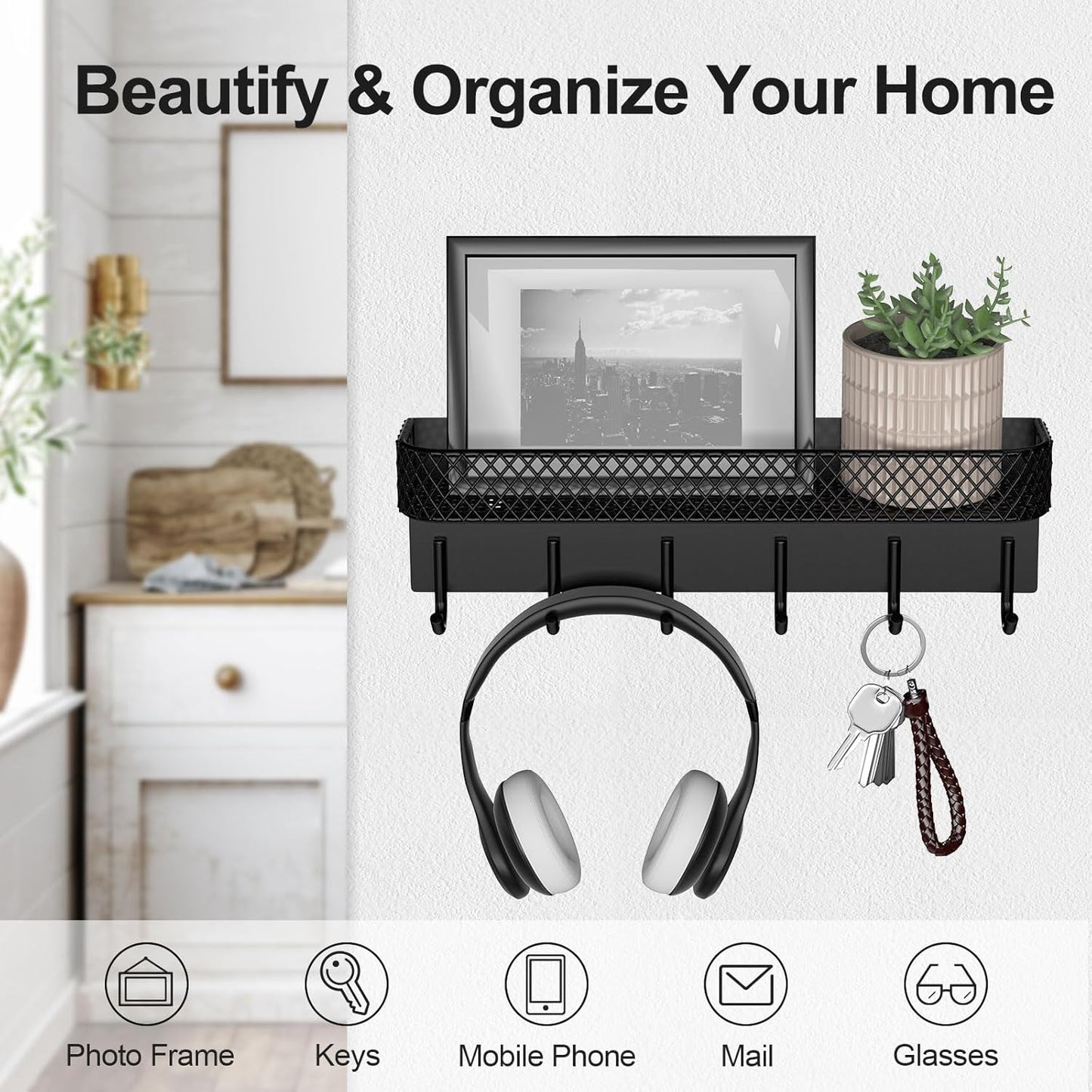 Key Holder for Wall – Decorative Stainless Steel Key Hanger with 6 Hooks for Hats, Bags, Leashes – Mail Holder Key Rack with Mounting Hardware and Guide (9.65” x 2.8” x 2.2”) (Black)