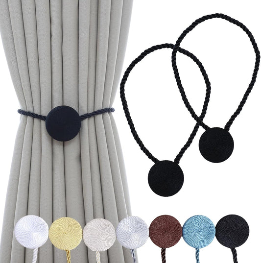 Magnetic Curtain Tiebacks - 12mm Magnetic Tie Backs for Curtains, Heavy Duty No Drill Curtain Holdbacks for Home/Office Windows Drapes, Elegant Gift-Ready Design 7 Colors (2, Black)