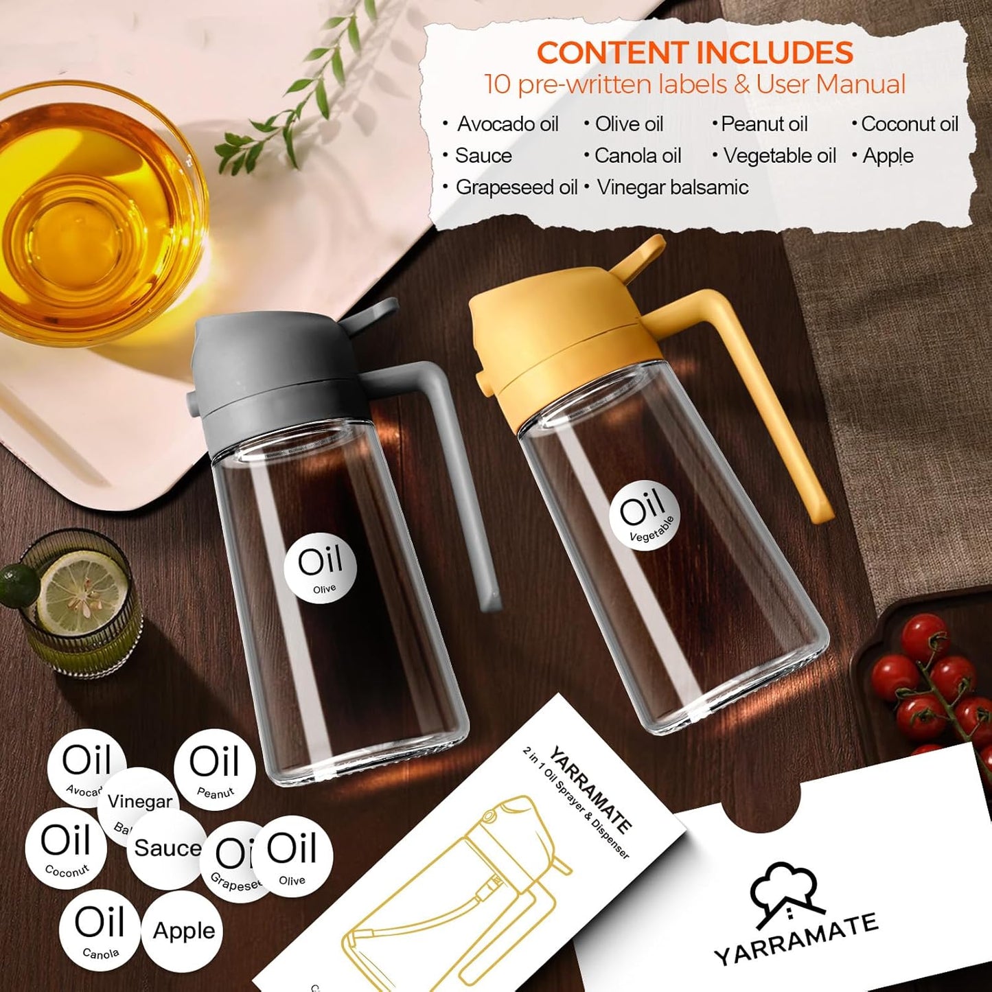 YARRAMATE 16oz/470ml Glass Olive Oil Sprayer for Cooking with Stickers, 2 in 1 Oil Dispenser for Kitchen Gadgets, Food Grade Premium Spray Bottle with Portion Control for Salad, Frying, BBQ (Orange)