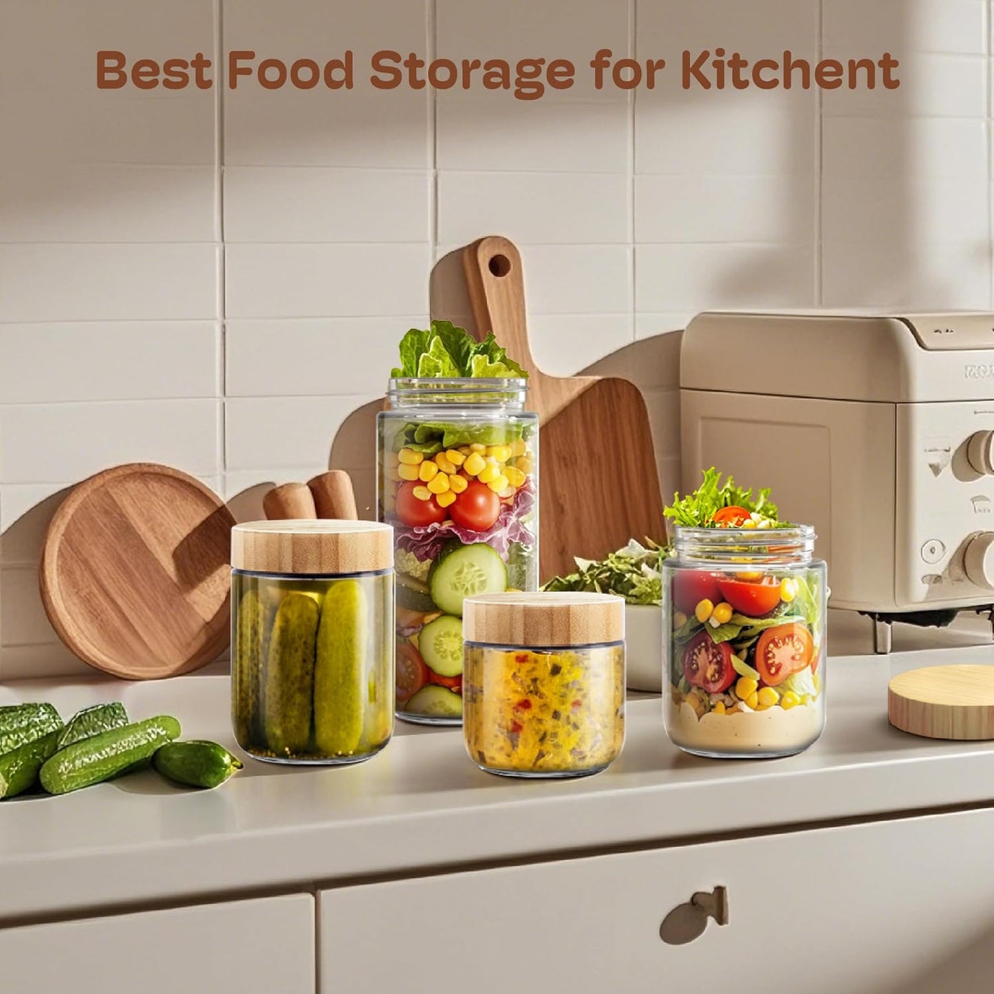 4 pack 16oz Overnight Oats Containers with Bamboo Lids, Glass Jars with Airtight Lids for Meal Prep, Wide Mouth Mason Salad Jars, Glass Food Storage Container for Yogurt Chia Snacks Spice Sugar