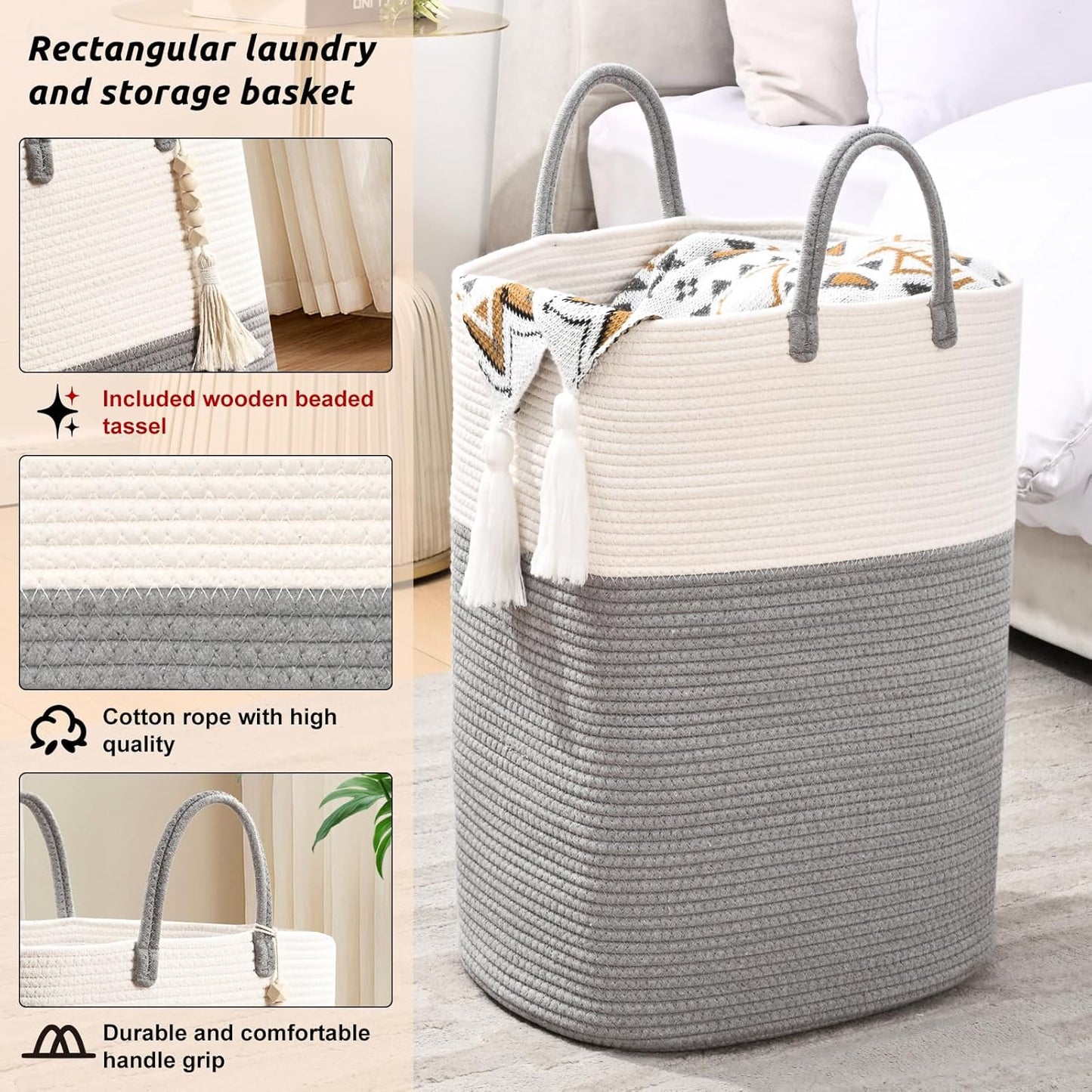 Woven Laundry Basket for Clothes, 80L Large Rectangle Laundry Hampers with Beads Tassel, Nursery Storage Basket for Toys, Tall Dirty Clothes Hamper for Bedroom Aesthetic, Laundry Room Organization