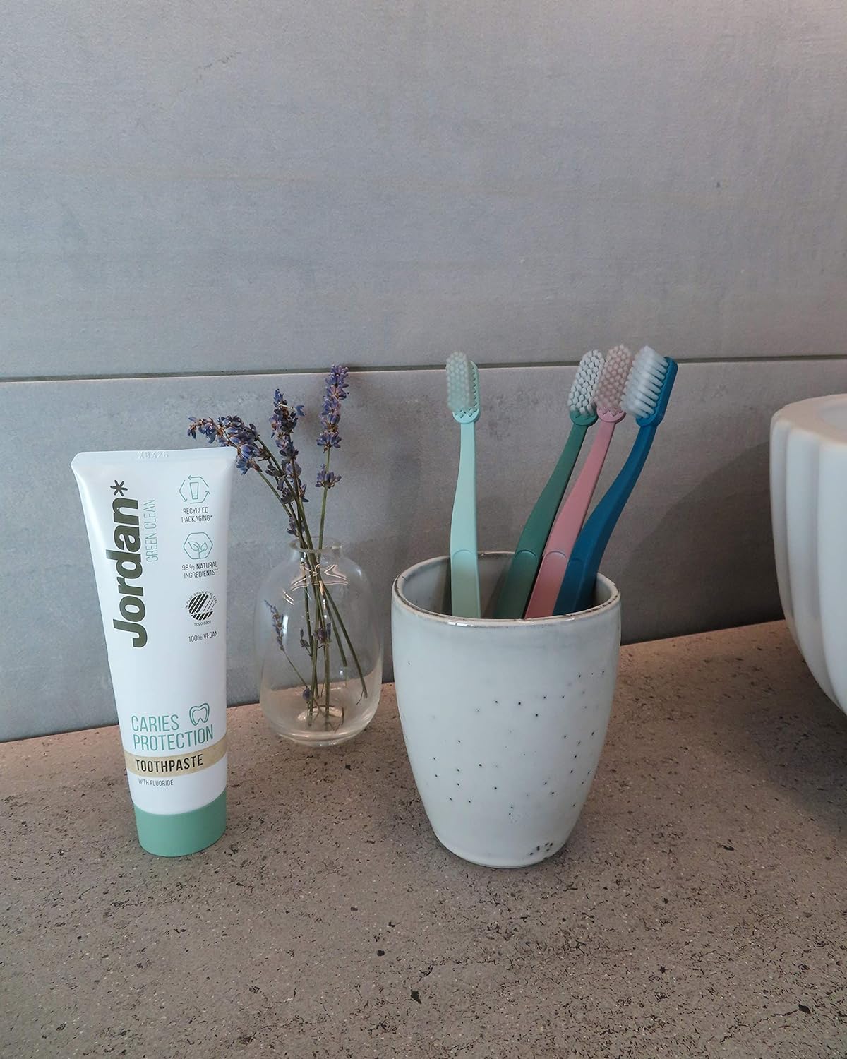 Jordan Green Clean Manual Toothbrush - Sustainable, Scandinavian Design, Soft Bristles, Mixed Colors, 4 Units
