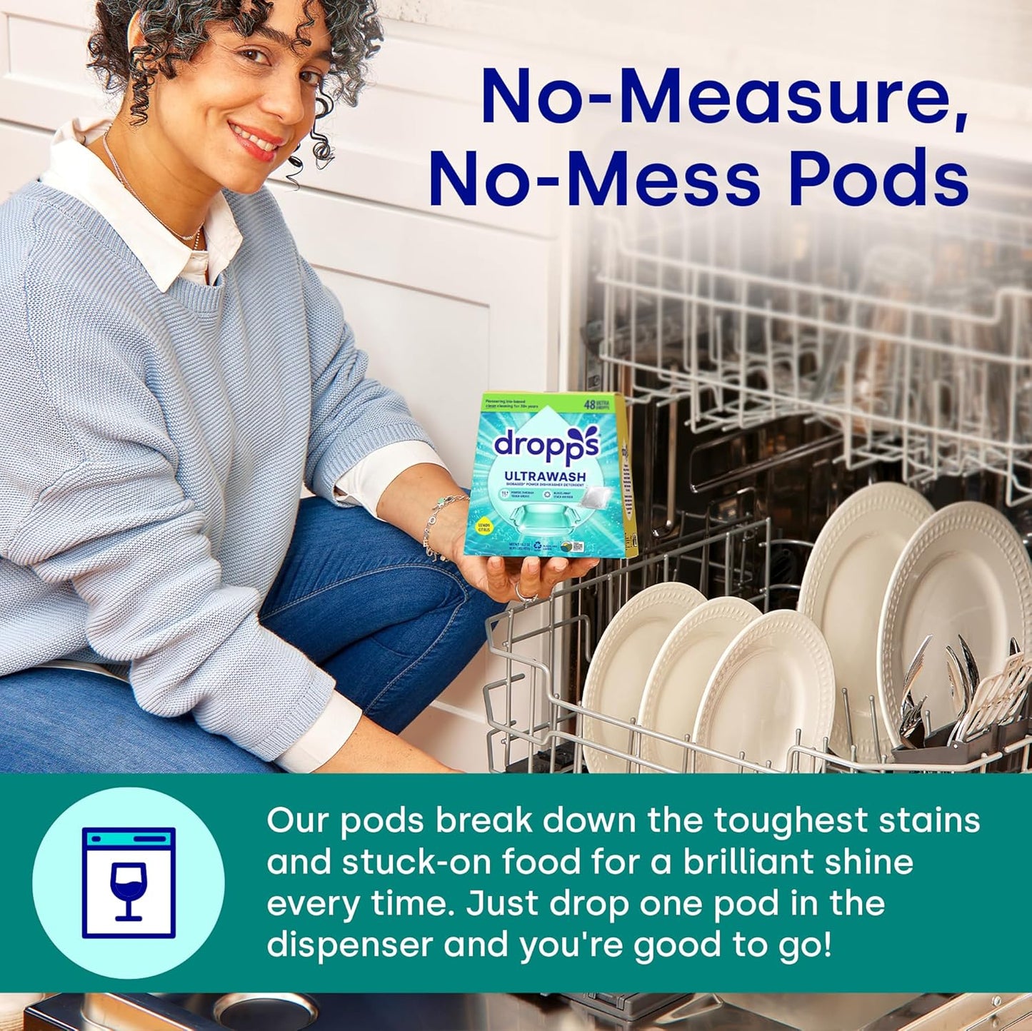 Dropps UltraWash Dishwasher Pods, Unscented (120 Count) - Biobased Power Deep Clean Dishwasher Detergent Tablets for Sparkling Shiny Dishes - No Rinse Aid or Pre-Wash Needed - Dishwashing Pods