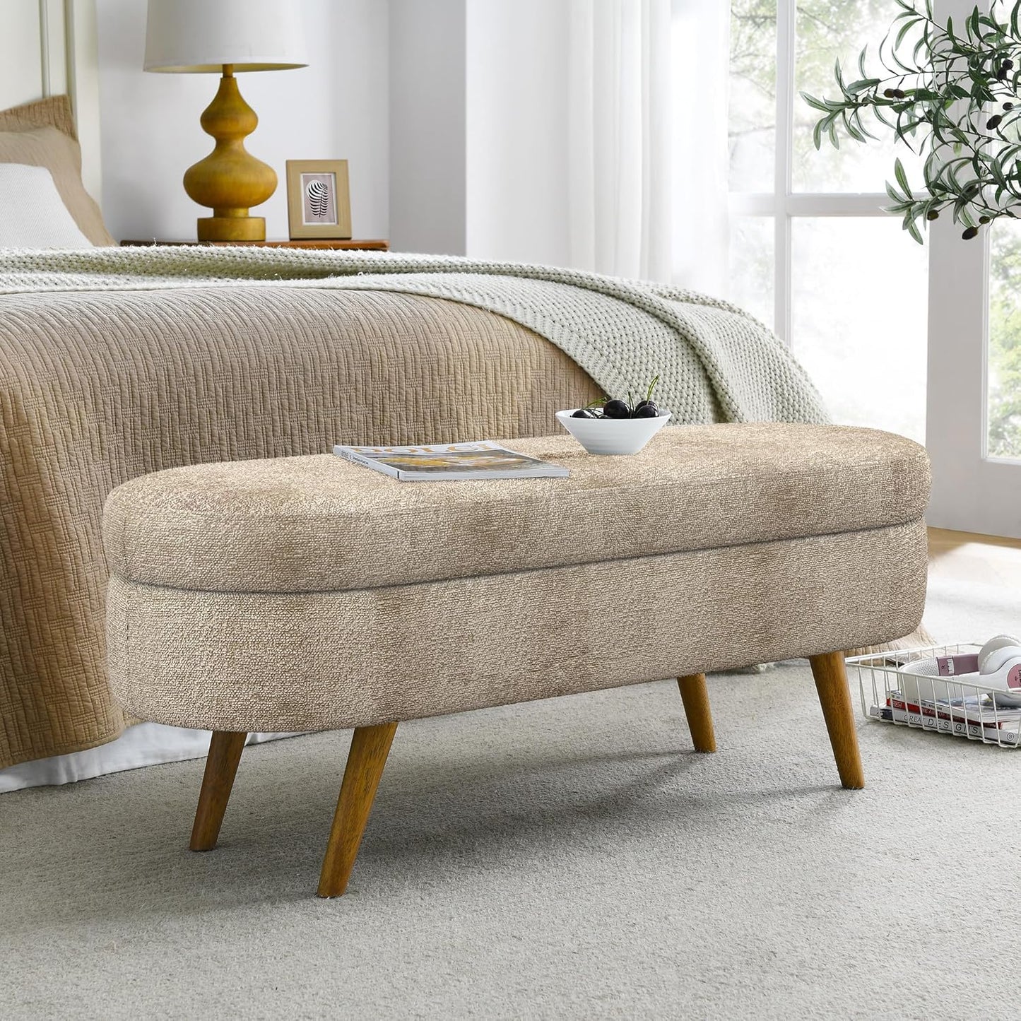 Storage Bench, 43" Storage Ottoman Bench, Shoe Storages Benches for Bedroom, Upholstered Entryway Benches with Seating, Rubber Wood Legs for Bedroom, Living Room, Entryway, Bed Side, Brown