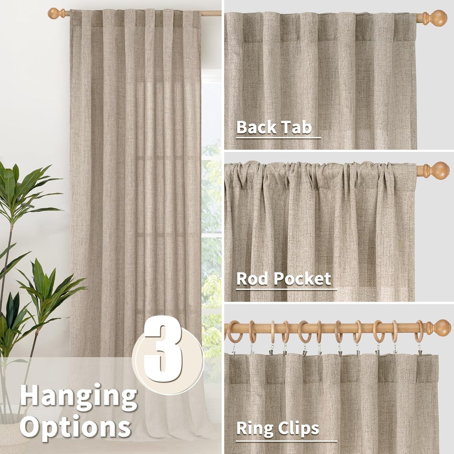 YoungsTex Dark Oatmeal Linen Curtains 54 Inch Length for Short Windows, Tan Semi Sheer Drapes Light Filtering with Rod Pocket Back Tab for Living Room Kitchen Bathroom, 2 Panels, 42 X 54 Inch