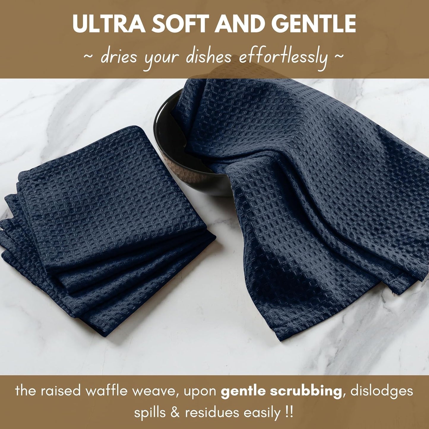 Native Fab Cotton Kitchen Towel with Hanging Loop 16x26 inches, 6-Pack, Waffle Weave Kitchen Towels for Cleaning Drying, Washcloths Soft & Absorbent Cloth Rags, Bar Towel, Dish Cloth, Navy