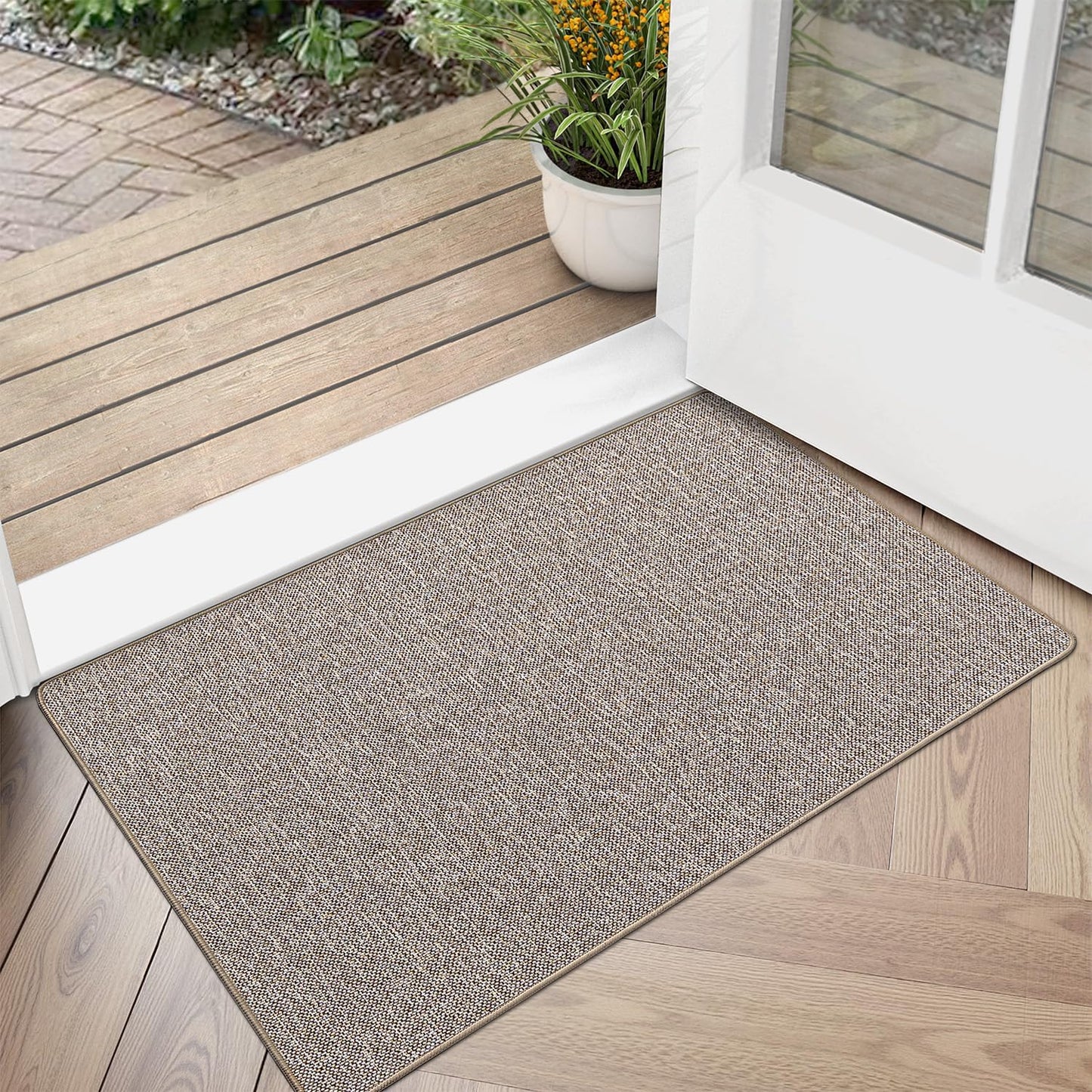 LUMI Ultra Thin Door Mat for Entryway, Low Profile Non Slip Rubber Backing Indoor Doormat, Easy Clean Welcome Entrance Mat for Inside House, Patio, Khaki 20"x32"