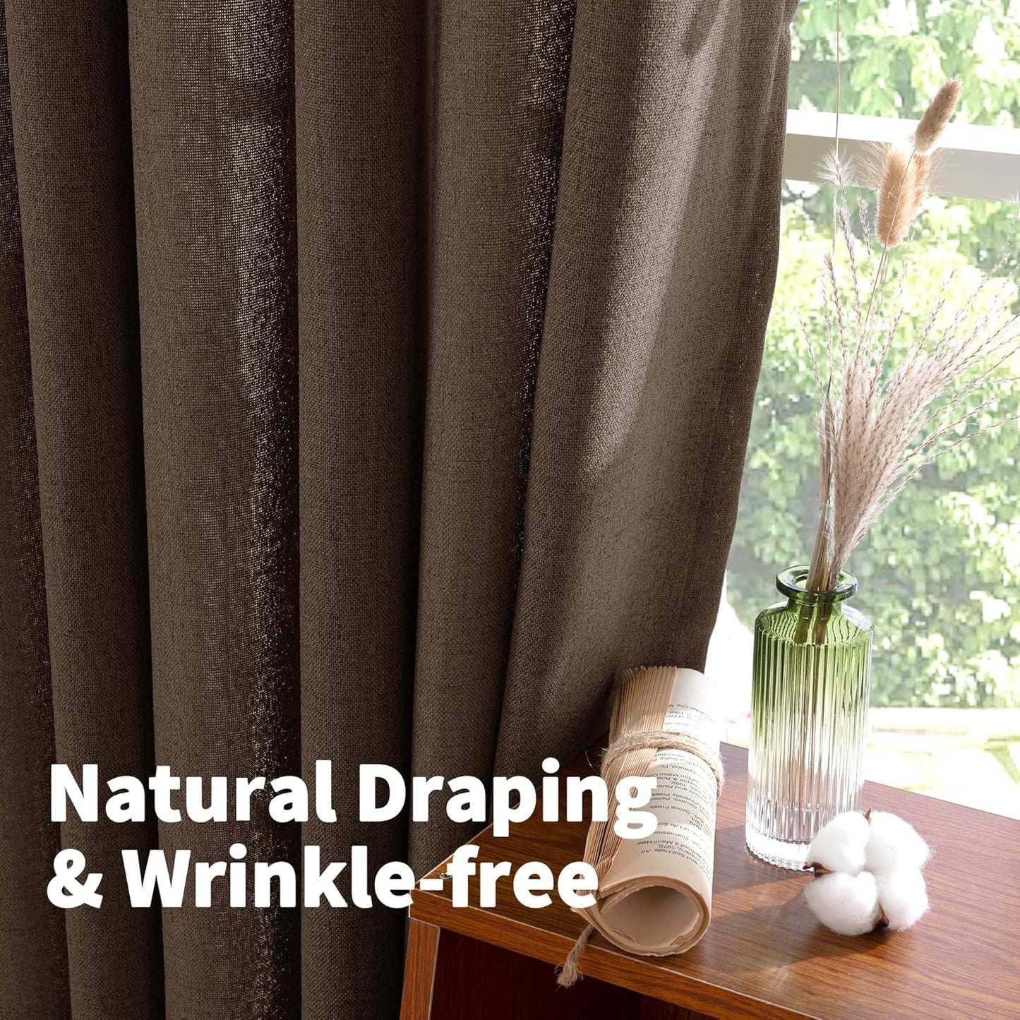 YoungsTex Brown Linen Curtains 80 Inch Length for Living Room, Semi Sheer Window Drapes with Rod Pocket Back Tab Light Filtering for Farmhouse Dining Room Bedroom, 2 Panels, 52 X 80 Inch