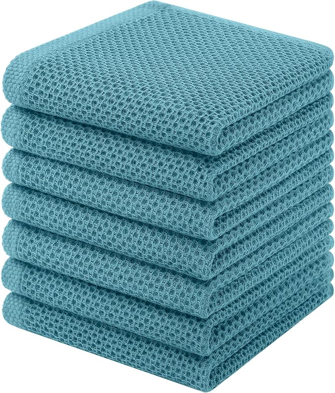 Homaxy 100% Cotton Waffle Weave Kitchen Dish Cloths, 7-Pack Ultra Soft Absorbent Dish Towels, Quick Drying Dish Rags, 12 x 12 Inches, Lake Blue