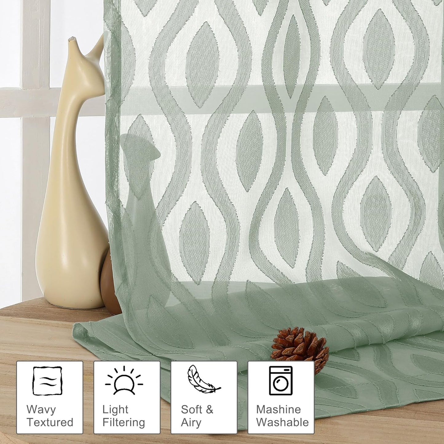 Aiyufeng Sage Green Curtains 45 Inch Length 2 Panels Set, Farmhouse Clip Jacquard Textured Short Sheer Curtains, Lightweight Chic Wavy Line Window Curtain Panels for Bedroom, 40" Wx45 L Inches