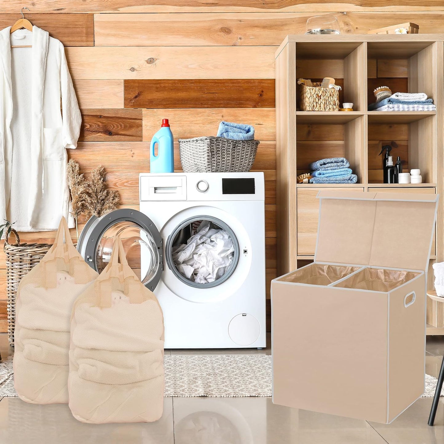Simple Houseware Double Laundry Hamper with Lid and Removable Laundry Bags, Beige