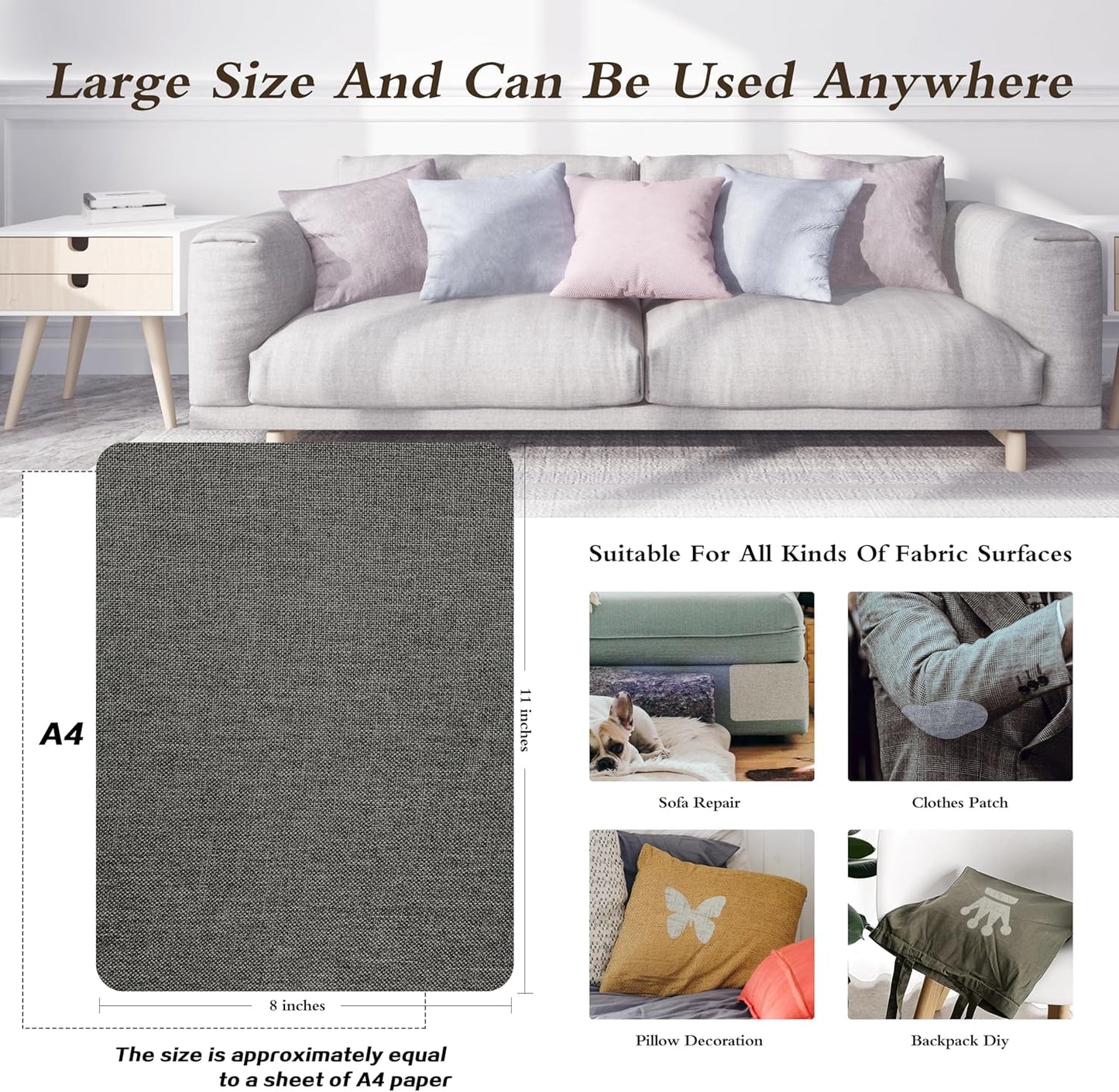 KING MOUNTAIN Fine Linen Repair Patches, Self-Adhesive Linen Fabric Patches, 8X11 inch 2 PCS, Multi Color, Can be Used for Linen Sofa Repair and Linen Clothes Repair(8" x 11"-2PCS,Dark Grey 2.0)