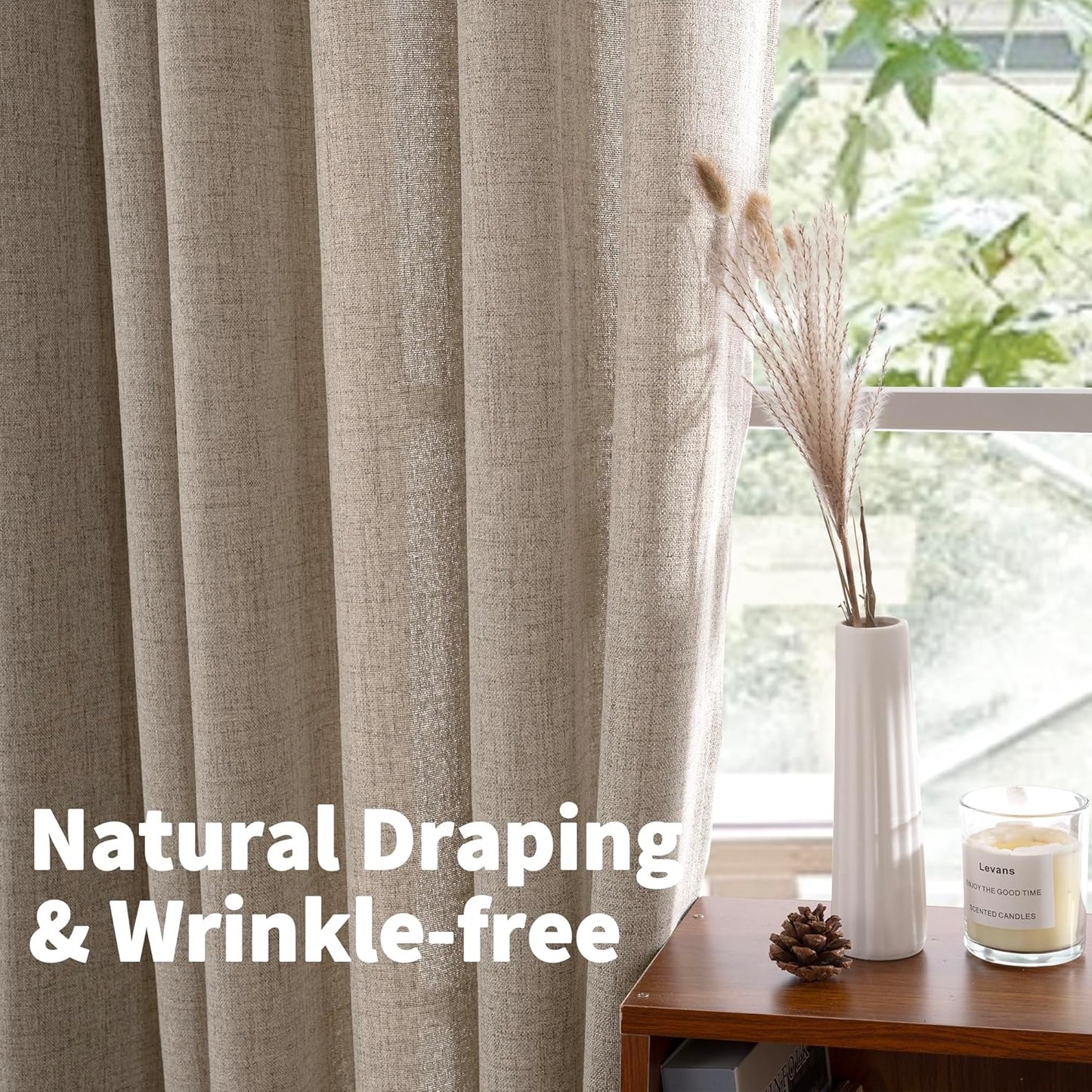 YoungsTex Dark Oatmeal Linen Curtains 63 Inch Length for Living Room, Light Filtering Semi Sheer Window Drapes Rod Pocket Back Tab Curtain for Bedroom, 2 Panels, 42 X 63 Inch