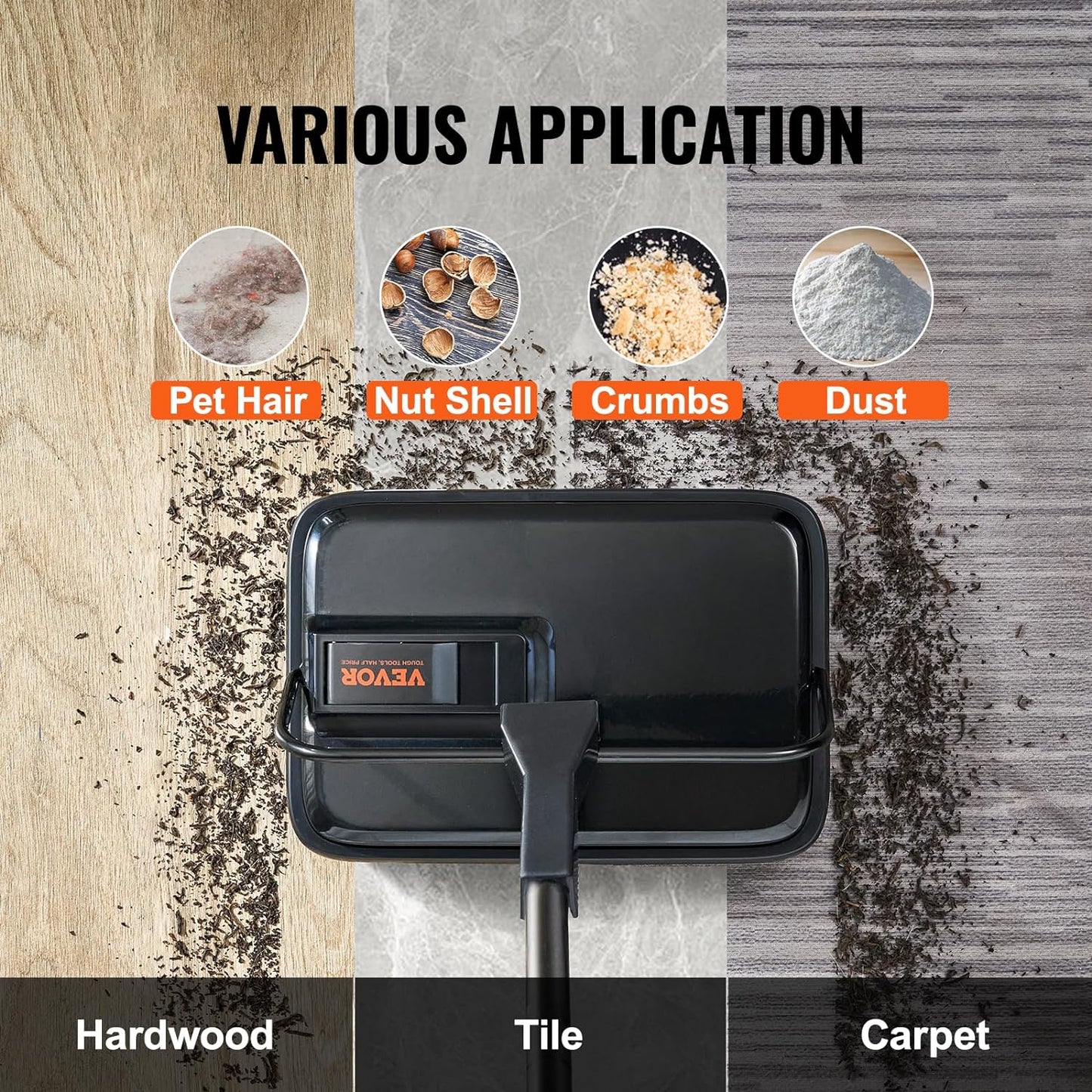 VEVOR Carpet Sweeper Manual, Floor Sweeper with 300 ml Dustbin Capacity Easy to Empty, for Home Office Carpets Pet Hair Dust, Black
