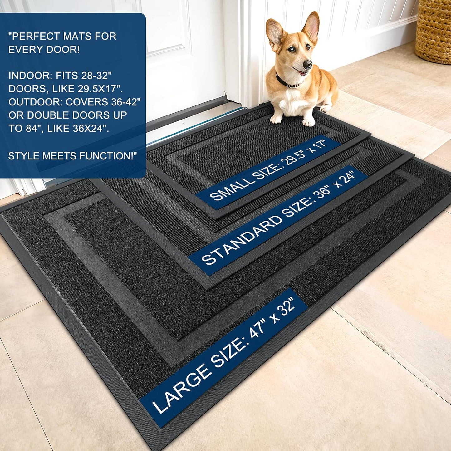 OLANLY Front Door Mat Indoor Outdoor Entrance, Waterproof All-Season, All-Weather Doormat, Sturdy Natural Rubber, Fade Resistant, Low Profile, Easy Clean Patio Porch Entryway Mat, 47x32, Black