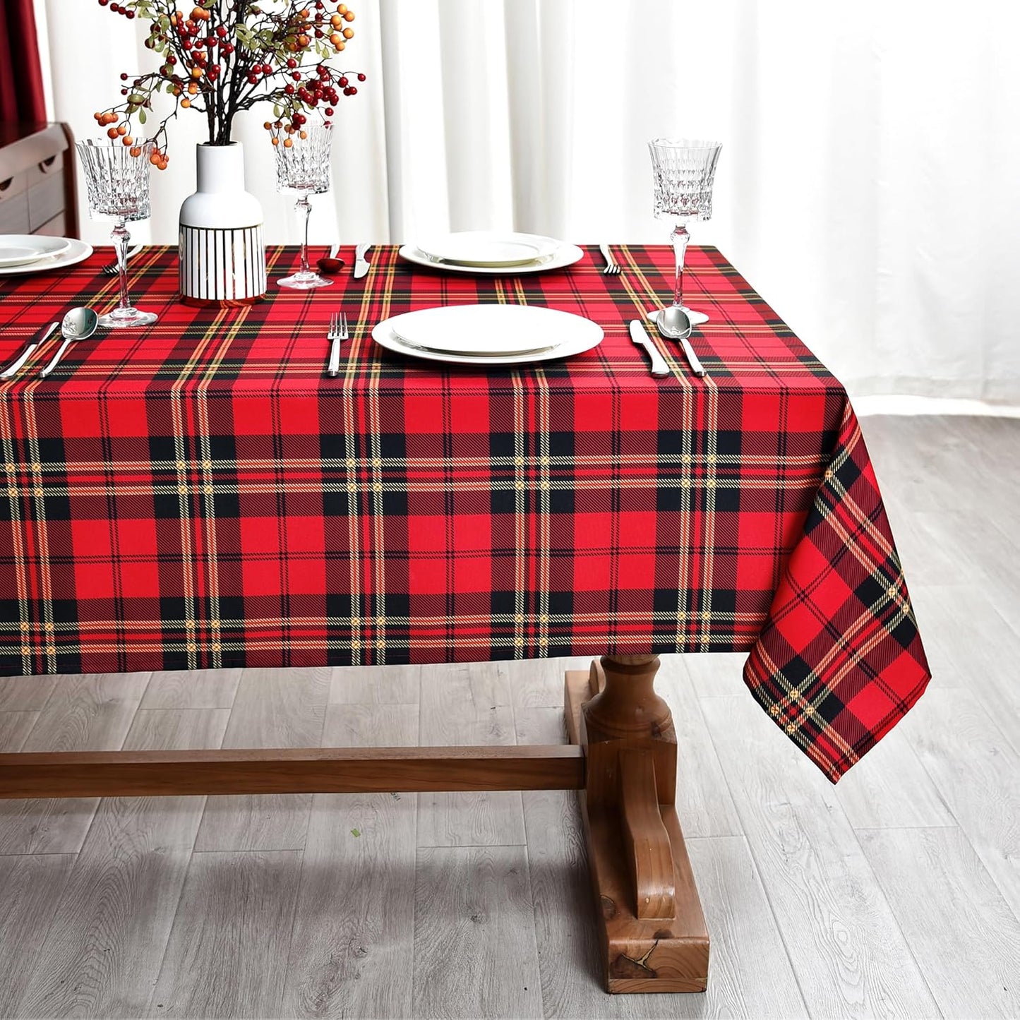 Red GinghamTartan Christmas Plaid Tablecloth - Rectangular 58x102 Inch Water Resistant Table Cloth for Indoor/Outdoor Use - Holiday Table Cover for Kitchen, Picnics, and Parties