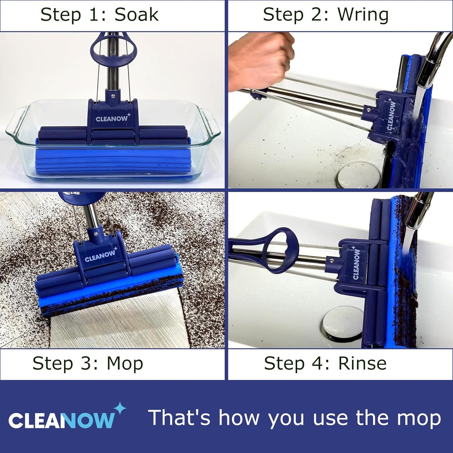 OneTouch GO! Floor Cleaner, Wring Mop, Cleaning Tool with Wringing Function - Sponge mop for Cleaning Floors- with PVA Sponge and Stainless Steel mop Handle