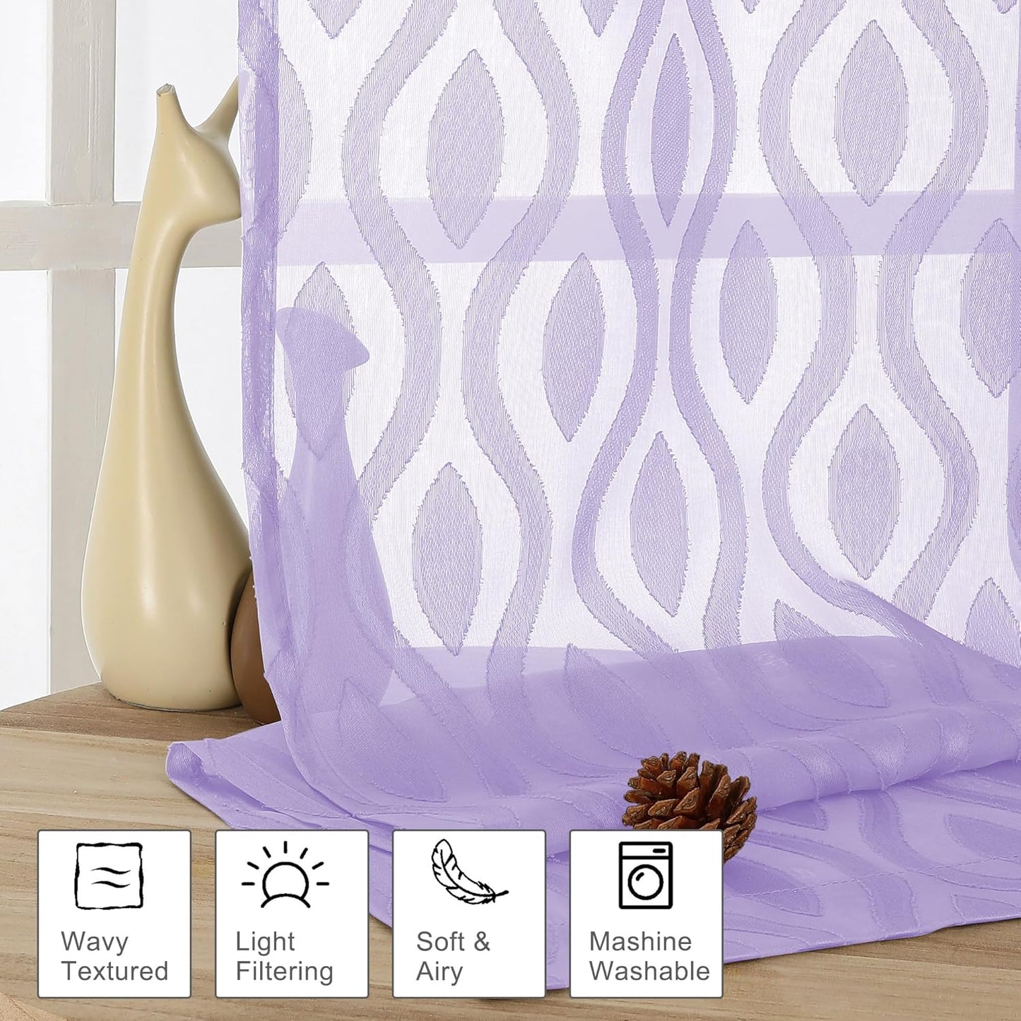Aiyufeng Light Purple Valances for Windows, Chic Wavy Line Clip Jacquard Voile Sheer Small Window Curtain for Basement, Lightweight Rod Pocket Short Curtains for Windows, 2 PCS, 40Wx14L Inches