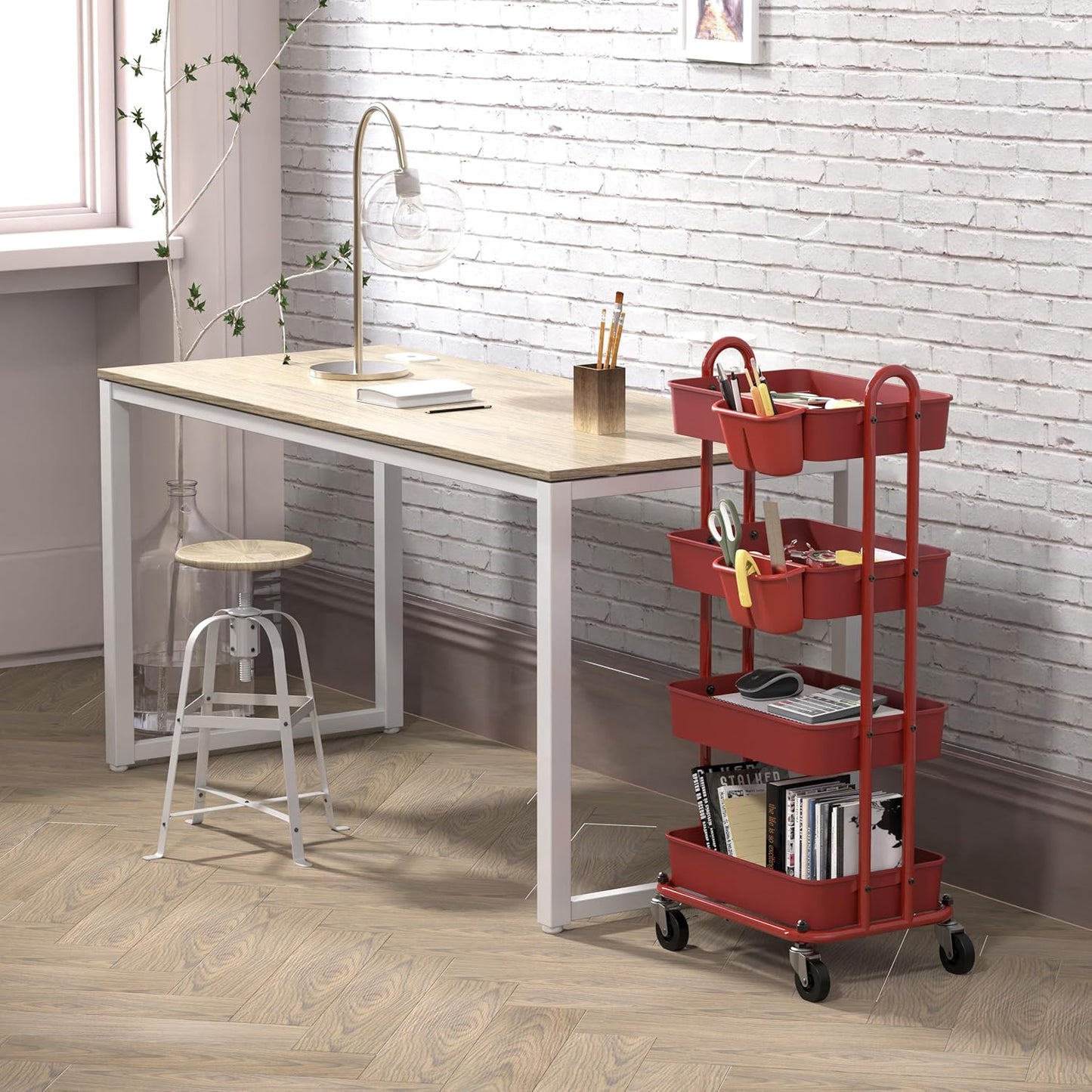 Simple Houseware 4-Tier Multifunctional Rolling Utility Cart with Hanging Buckets, Red