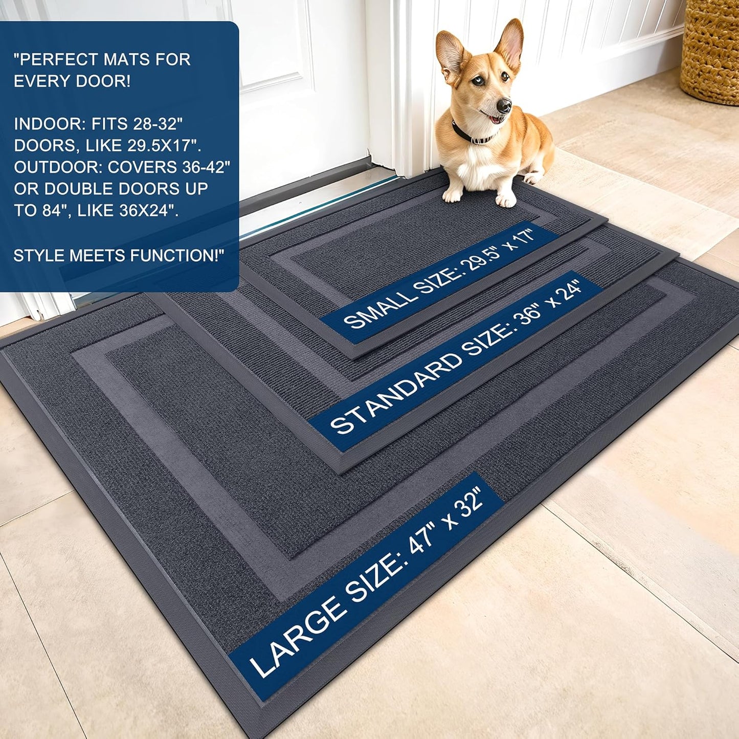 OLANLY Front Door Mat Indoor Outdoor Entrance, Waterproof All-Season, All-Weather Doormat, Sturdy Natural Rubber, Fade Resistant, Low Profile, Easy Clean Patio Porch Entryway Mat, 71x23, Light Grey