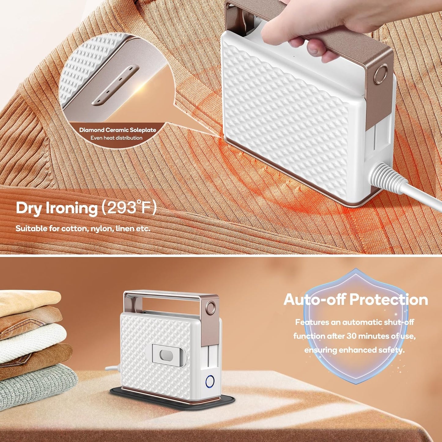 Newbealer Travel Steam Iron for Clothes, Global Voltage 100-240V Handheld Steamer, 293℉ Dry Ironing, Non-Stick Ceramic Soleplate, Horizontal & Vertical Steaming, Auto-off, Silicone Rest & Zipper Bag