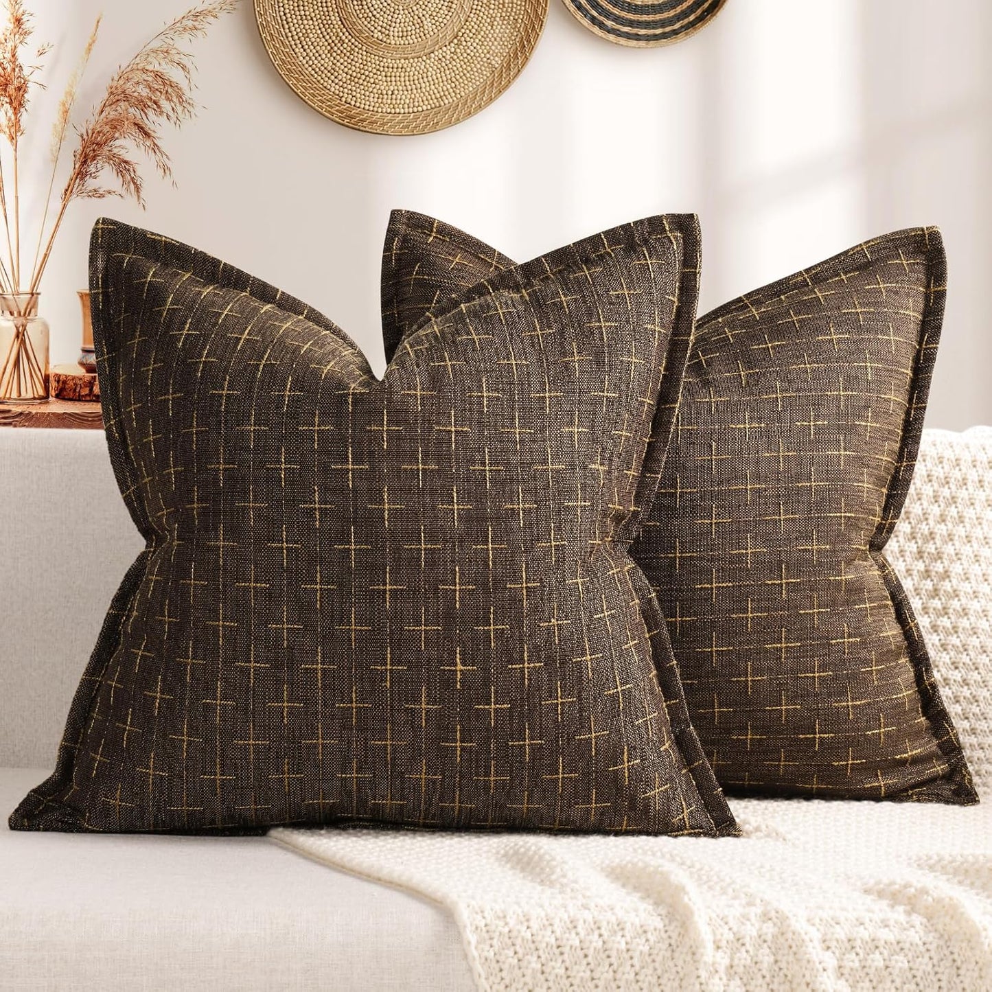 ZWJD Pillow Covers 18x18 Set of 2 Soft Polyester Textured Pillow Covers with Stylish Flange Edge Cozy Farmhouse Throw Pillows for Couch Bed Sofa Living Room