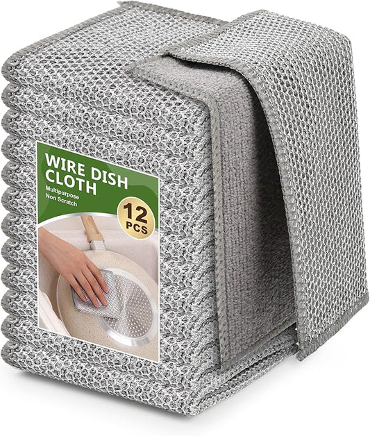 12Pack Upgrade Multipurpose Wire Dishwashing Rags, Double-Side Non Scratch Wire Dishcloth, for Wet and Dry Use, Reusable Metal Scrubbing Microfiber Clean Cloths for Home/Kitchen/Stove（Grey）