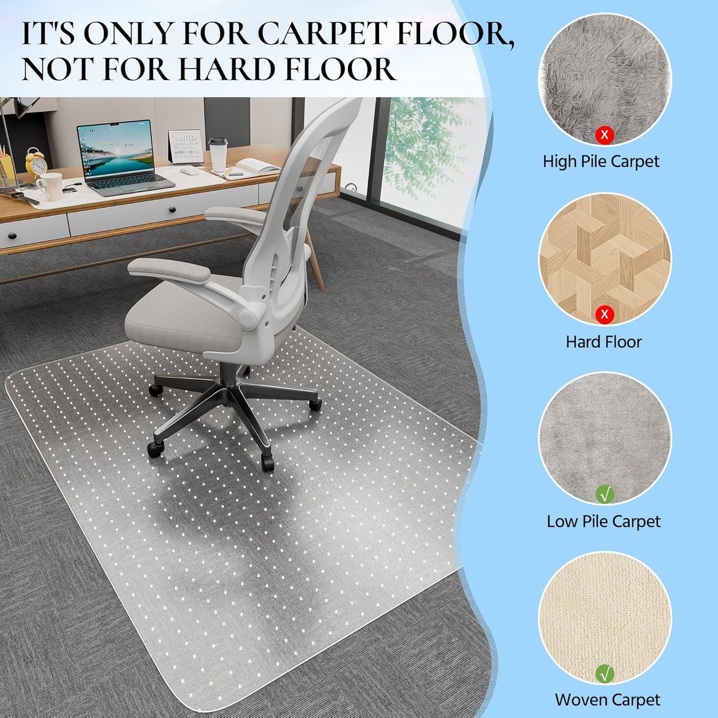 Office Chair Mat for Low Pile Carpet, 30" x 48" Transparent Office Desk Chair Mat for Carpeted Floors, Studded Carpet Floors Protector Mat for Home & Offices