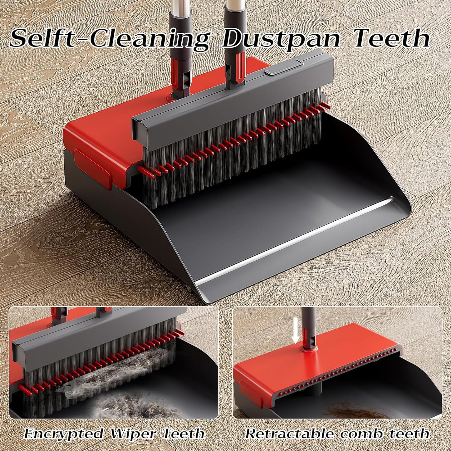 Broom with Dustpan Combo Set 50” Adjustable Long Handle 180 Degree Rotating Broom Set with Comb Teeth Upright Standing Dust Pan for Home Room Kitchen