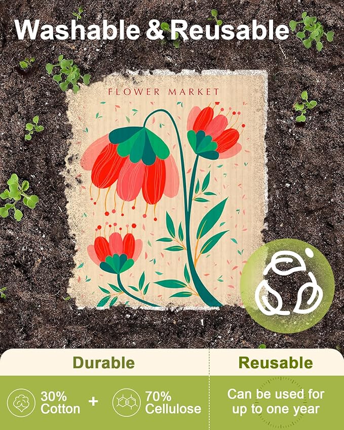 Swedish Dishcloths for Kitchen - 5 Pack Reusable Dish Cloths for Washing Dishes Absorbent Cute Funny Kitchen Towels Cleaning Sponge, Cartoon Flower