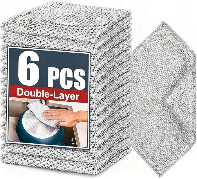 Double-Layer Steel Wire Cleaning Cloth - Non-Scratch Wire Dishcloth Rag Heavy Duty Scrub Pads Multi-Purpose Silver Mesh Scouring Pads for Dishes, Pots, Pans (6pcs)