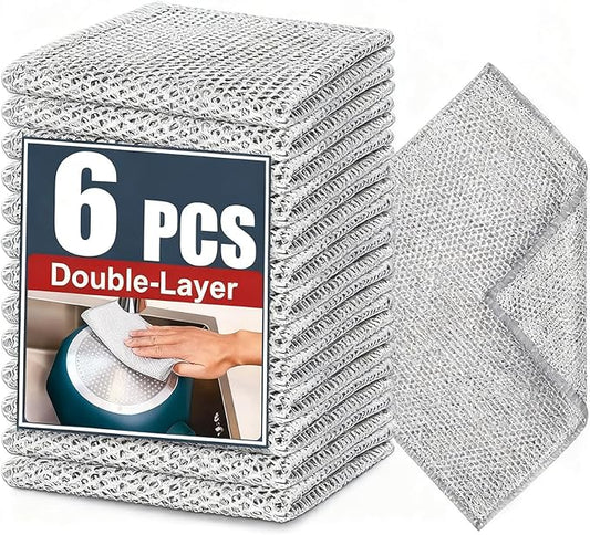 Double-Layer Steel Wire Cleaning Cloth - Non-Scratch Wire Dishcloth Rag Heavy Duty Scrub Pads Multi-Purpose Silver Mesh Scouring Pads for Dishes, Pots, Pans (6pcs)