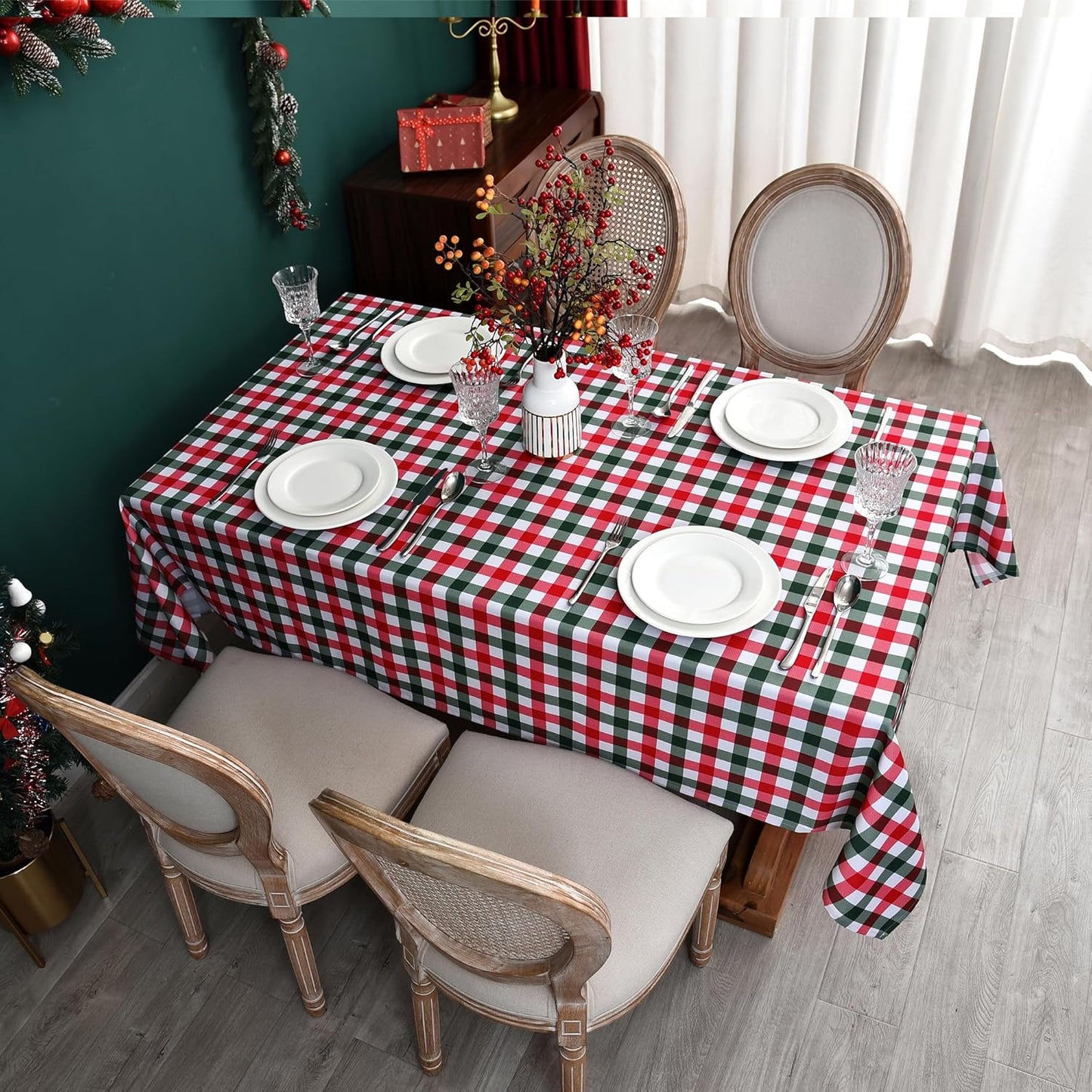 Waterproof Checkered Tablecloth Fabric - Rectangle 58x84 Inch Christmas Plaid Table Cloth for Indoor/Outdoor Use - Xmas Table Cover for Kitchen, BBQs, and Parties
