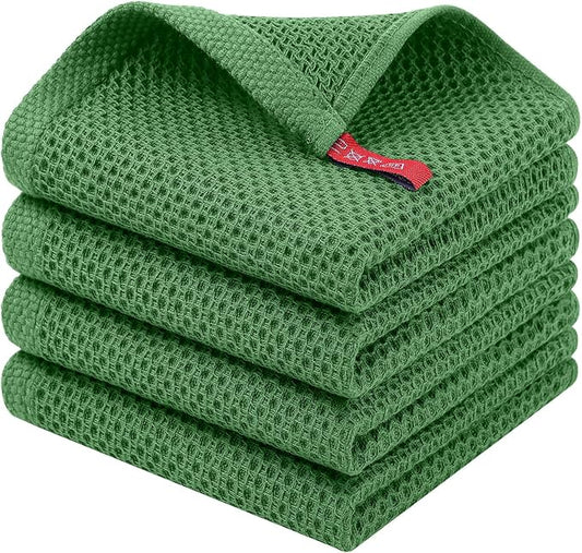Homaxy 100% Cotton Waffle Weave Kitchen Dish Cloths, 4-Pack Ultra Soft Absorbent Dish Towels, Quick Drying Dish Rags, 12 x 12 Inches, Grass Green