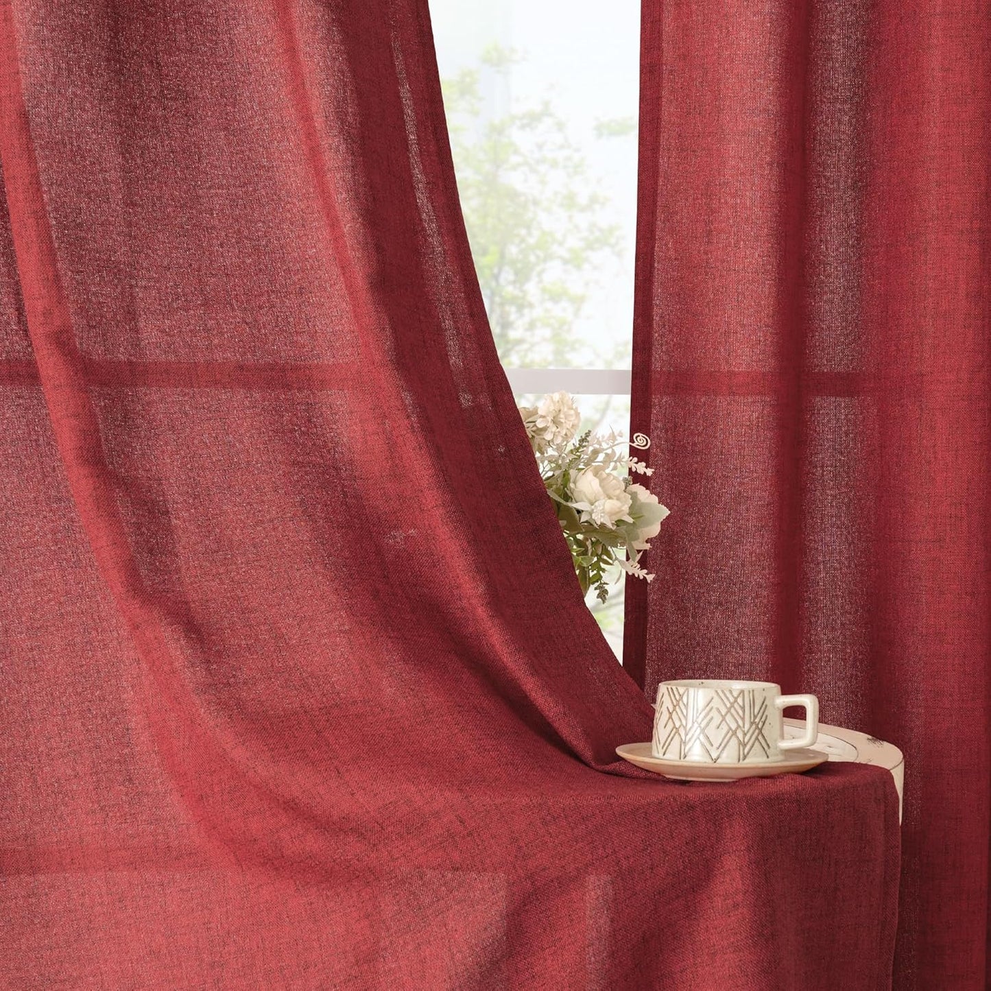 YoungsTex Red Linen Semi Sheer Curtains 84 Inch Length for Living Room 2 Panels Set, Christmas Light Filtering Window Treatments Drapes with Rod Pocket Back Tab for Bedroom Dining, 52 X 84 Inch