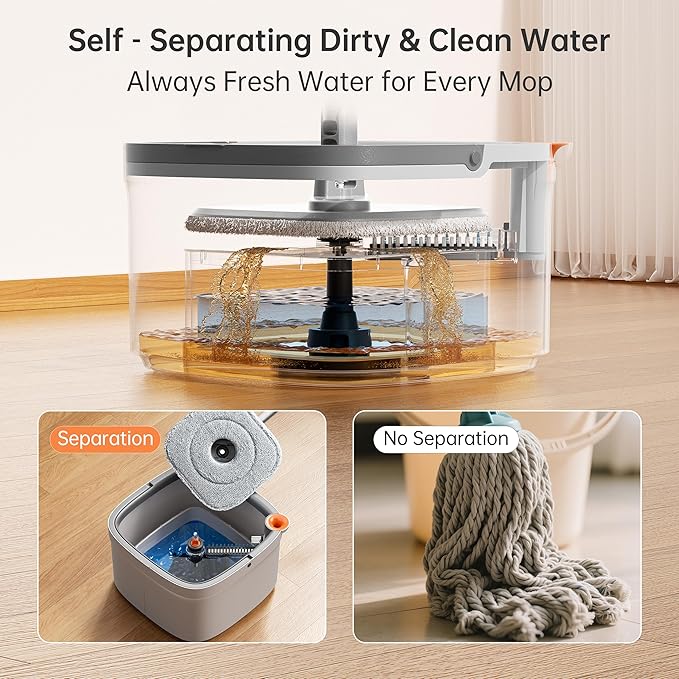 Upgraded Spin Mop and Bucket System Set, Self Separate Clean and Dirty Water, Foldable Square Standing Mop Head with Microfiber Mop Pads, Detachable Bucket (Grey, Mop Set with 6PC Pad)