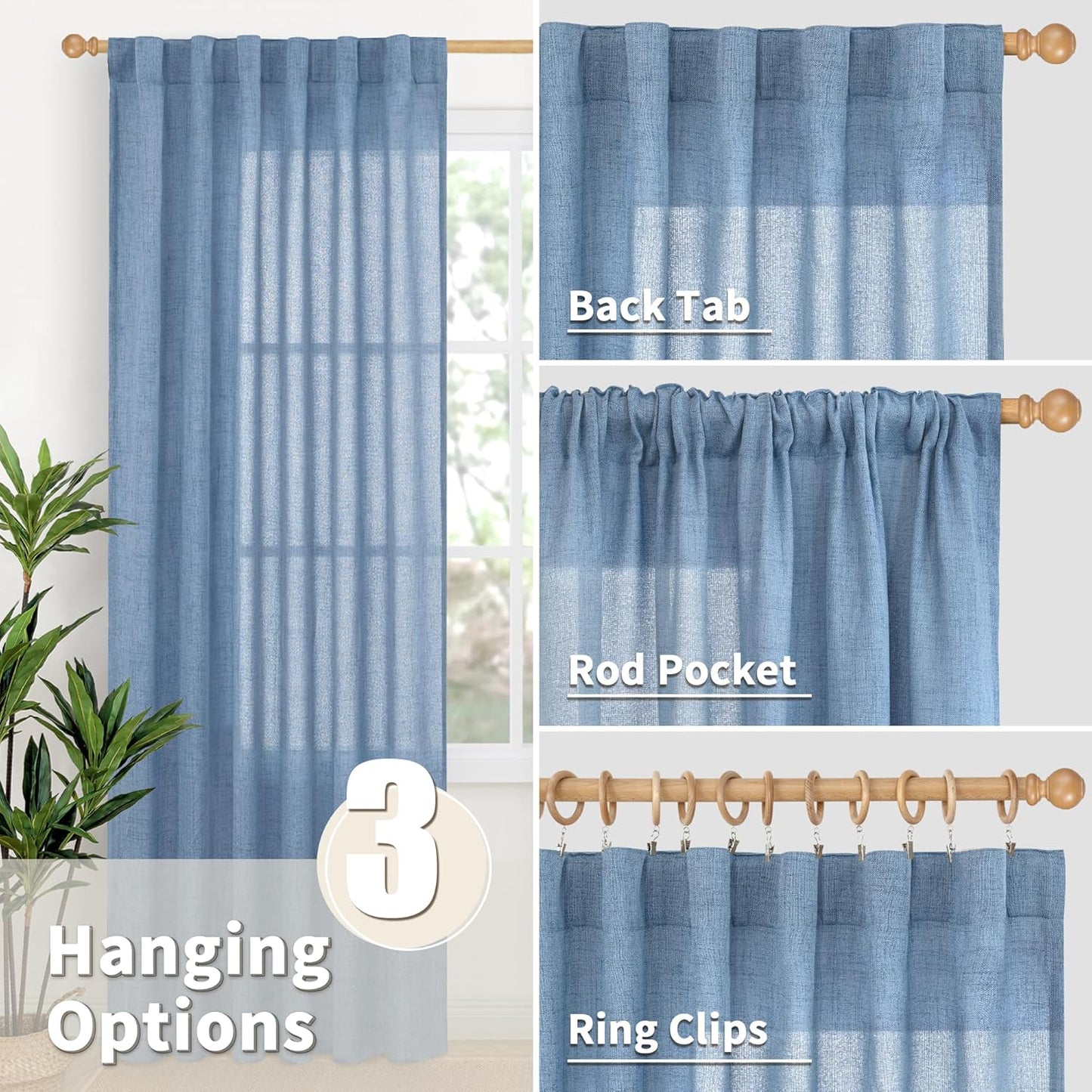 YoungsTex Denim Blue Short Linen Curtains 45 Inches Length for Kitchen, Light Filtering Semi Sheer Drapes with Rod Pocket Back Tab for Bedroom Cafe Small Window Privacy, 42 x 45 Inch, 2 Panels
