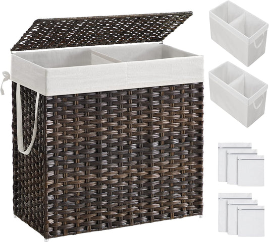 SONGMICS Laundry Hamper with Lid, 130L Clothes Hamper with 2 Removable Liner Bags and 6 Mesh Bags, Wicker Laundry Basket, Double Laundry Hamper for Bathroom, 13 x 26 x 23.6 Inches, Brown ULCB253K01