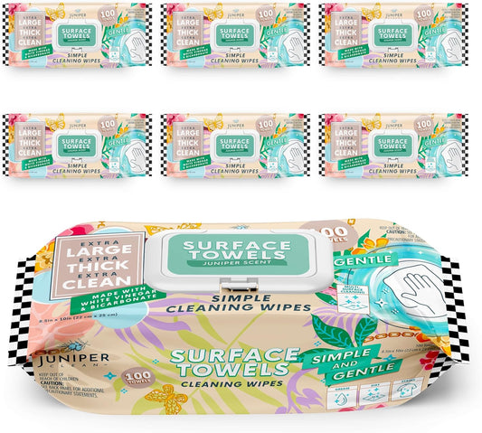 6 Packs Surface Cleaning Wipes Bleach Free, Thick & Large Dispose, All-Purpose Cleaner for Bathroom, Kitchen, Office, 600 Count Soft Flow, Biodegradable, Juniper Scent